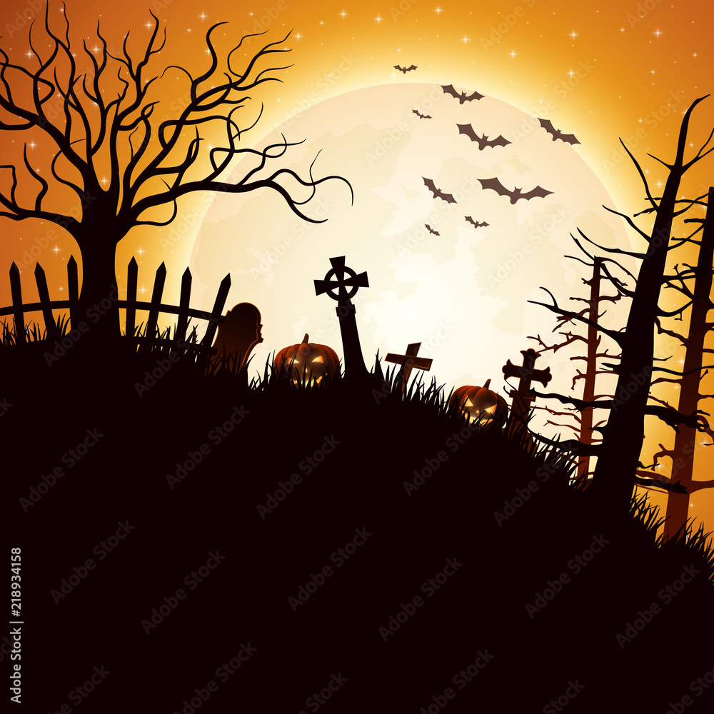 Halloween night background with pumpkin in hill 