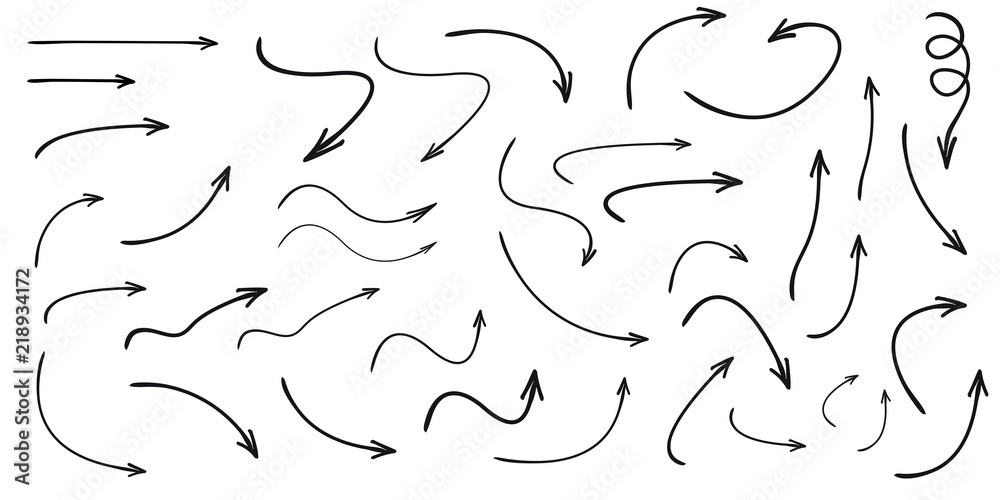 Set of vector curved arrows hand drawn. Sketch doodle style. Collection of pointers.