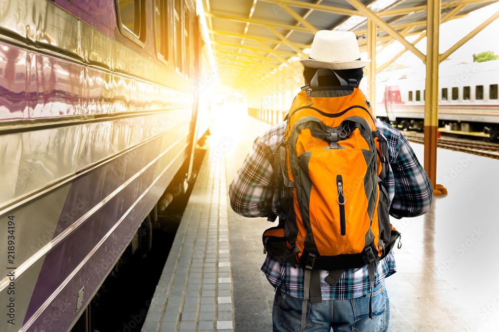 Traveler waiting for journey travel at train station. - Travel and transportation concept. Traveler waiting for journey travel at train station. - Travel and transportation concept.