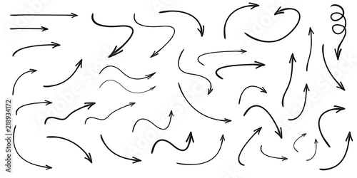 Set of vector curved arrows hand drawn. Sketch doodle style. Collection of pointers.