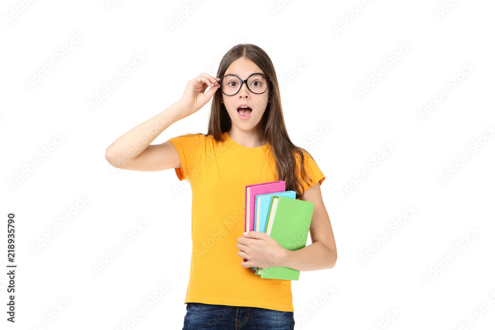 Young girl with books on white background Young girl with books on white background