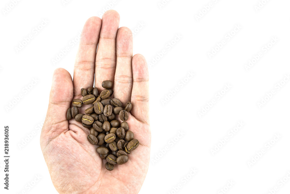 Coffee bean in hand isolated on white background Coffee bean in hand isolated on white background