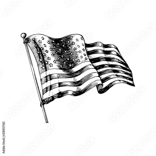 National American flag, vector illustration drawn in engraved style. Used for greeting card, festive poster.
