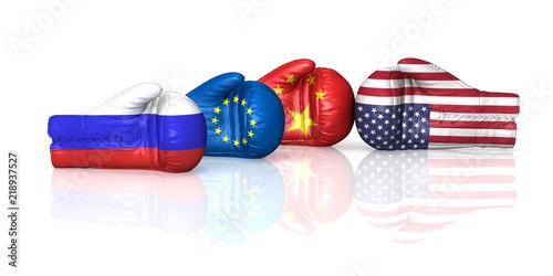 trade war tariffs sanctions currency war usa us china russia eu europe european union 3d boxing gloves flags fight isolated on black