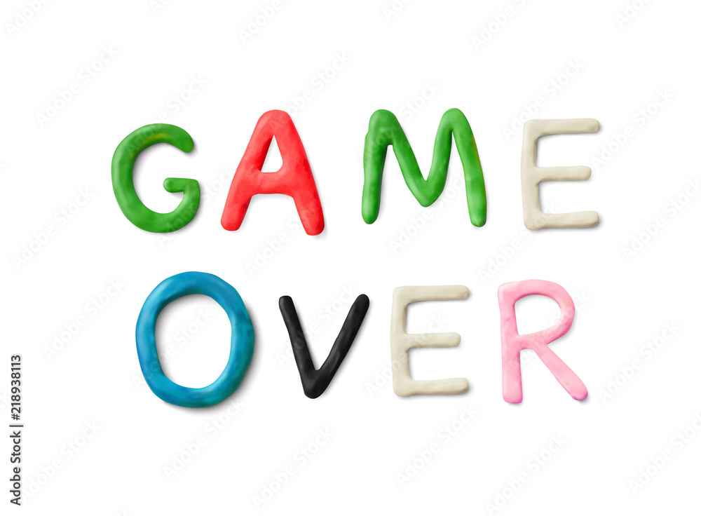 Handmade modeling clay words game over. Realistic 3d vector lettering isolated on white background. Children cartoon style.