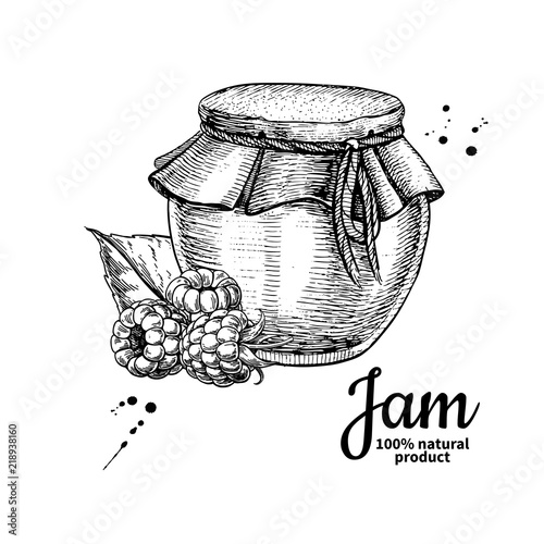 Raspberry jam glass jar vector drawing.  Fruit Jelly and marmala