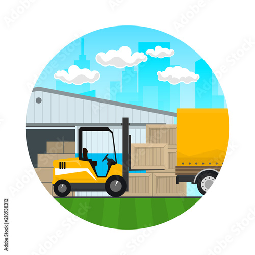 Icon , Forklift Loads or Unloads Boxes from Covered Truck in front of the Warehouse, Transportation and Cargo Services and Storage, Vector Illustration © serz72