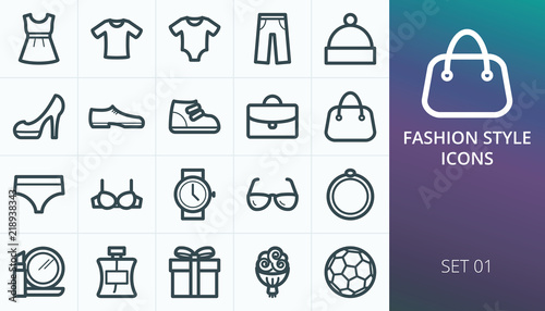 Fashion style wear shopping icons set. Set of man, woman, child wear, clothes, underwear, shoes, accessory icons