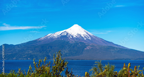 Volcano Osorno in national park Vicente Perez Rosales, Chile. Copy space for text.