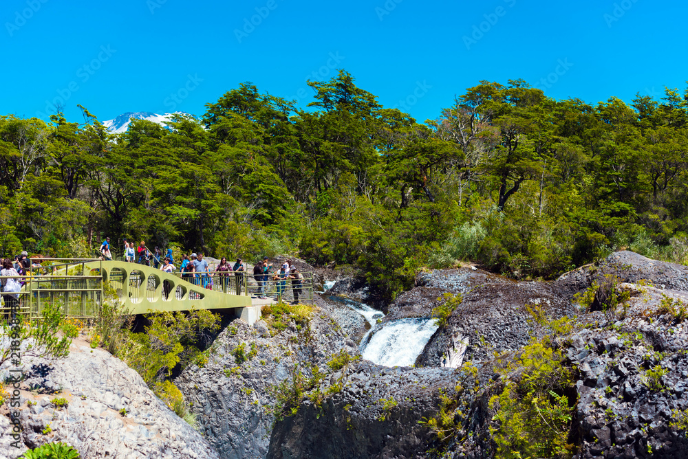 Fototapeta premium PATAGONIA, CHILE - JANUARY 4, 2018: Waterfall in national park Vicente Perez Rosales.