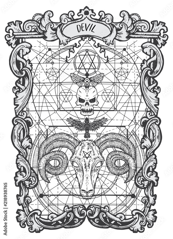 Devil. Major Arcana tarot card. The Magic Gate deck. Fantasy engraved vector illustration with occult mysterious symbols and esoteric concept