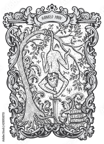 Hanged Man. Major Arcana tarot card. The Magic Gate deck. Fantasy engraved vector illustration with occult mysterious symbols and esoteric concept