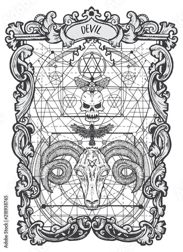 Devil. Major Arcana tarot card. The Magic Gate deck. Fantasy engraved vector illustration with occult mysterious symbols and esoteric concept
