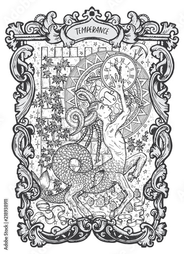 Temperance. Major Arcana tarot card. The Magic Gate deck. Fantasy engraved vector illustration with occult mysterious symbols and esoteric concept