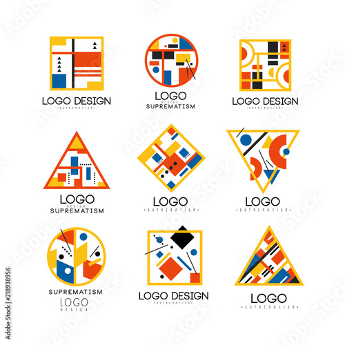 Suprematism logo design set, abstract creative geometric templates can be used for brand identity, advertising, poster, banner, flyer, web, app vector Illustrations on a white background