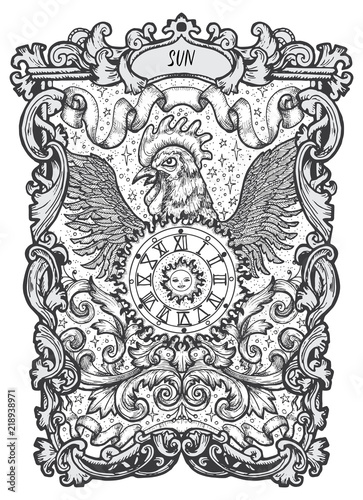 Sun. Major Arcana tarot card. The Magic Gate deck. Fantasy engraved vector illustration with occult mysterious symbols and esoteric concept