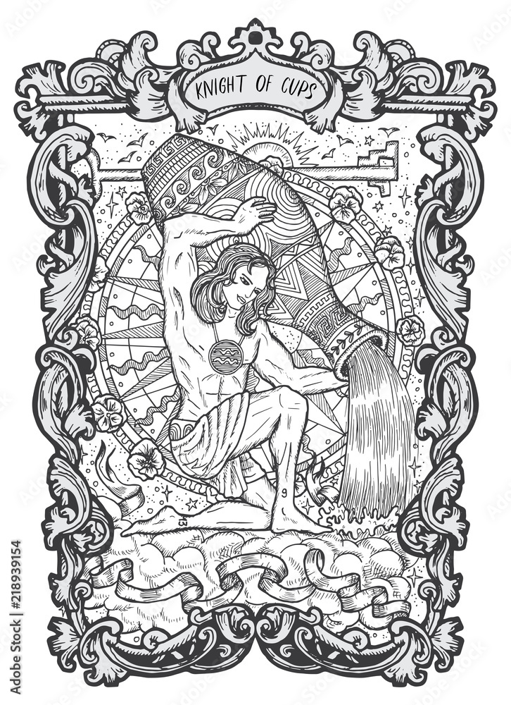 Knight of cups. Minor Arcana tarot card. The Magic Gate deck. Fantasy engraved vector illustration with occult mysterious symbols and esoteric concept