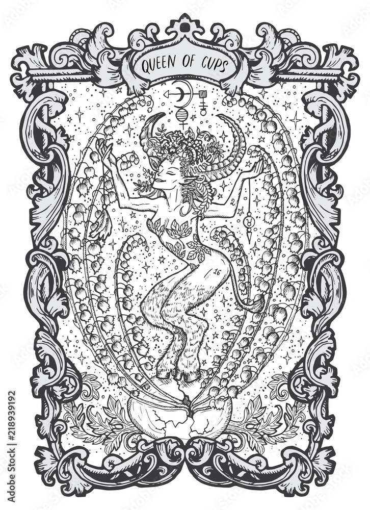 Queen of cups. Minor Arcana tarot card. The Magic Gate deck. Fantasy engraved vector illustration with occult mysterious symbols and esoteric concept Queen of cups. Minor Arcana tarot card. The Magic Gate deck. Fantasy engraved vector illustration with occult mysterious symbols and esoteric concept