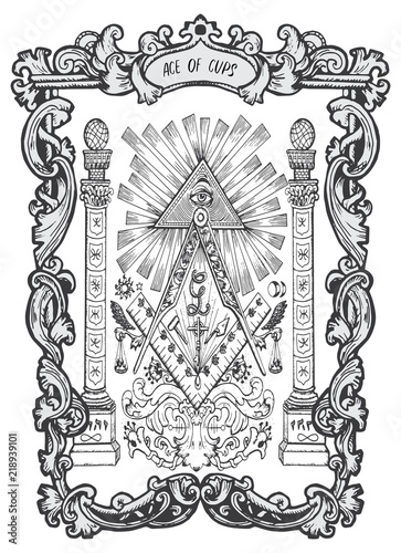 Ace of cups. Minor Arcana tarot card. The Magic Gate deck. Fantasy engraved vector illustration with occult mysterious symbols and esoteric concept
