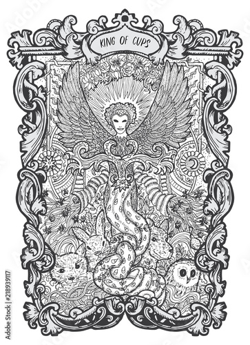 King of cups. Minor Arcana tarot card. The Magic Gate deck. Fantasy engraved vector illustration with occult mysterious symbols and esoteric concept
