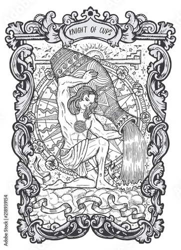 Knight of cups. Minor Arcana tarot card. The Magic Gate deck. Fantasy engraved vector illustration with occult mysterious symbols and esoteric concept © samiramay