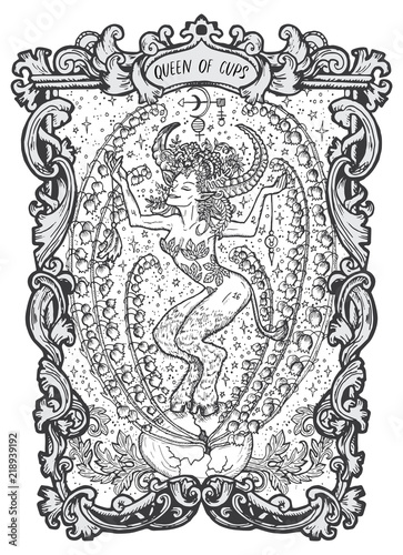 Queen of cups. Minor Arcana tarot card. The Magic Gate deck. Fantasy engraved vector illustration with occult mysterious symbols and esoteric concept