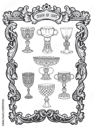 Seven of cups. Minor Arcana tarot card. The Magic Gate deck. Fantasy engraved vector illustration with occult mysterious symbols and esoteric concept