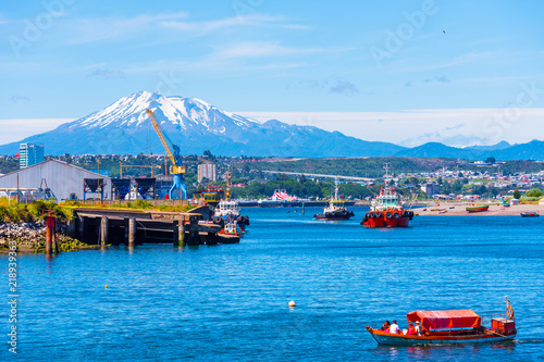 PUERTO MONTT, CHILE - JANUARY 12, 2018: View of the Osorno volcano. Copy space for text. photo