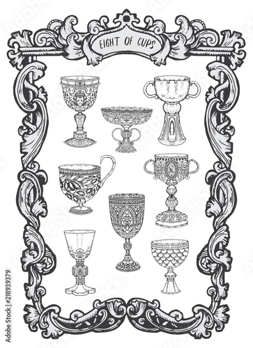 Eight of cups. Minor Arcana tarot card. The Magic Gate deck. Fantasy engraved vector illustration with occult mysterious symbols and esoteric concept