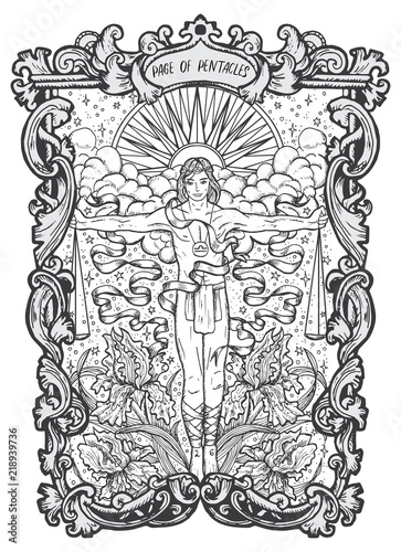 Page of pentacles. Minor Arcana tarot card. The Magic Gate deck. Fantasy engraved vector illustration with occult mysterious symbols and esoteric concept
