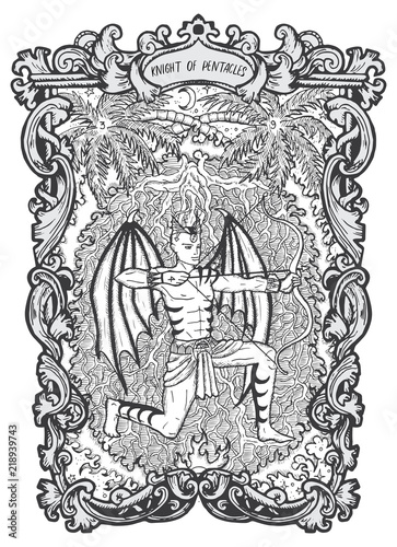 Knight of pentacles. Minor Arcana tarot card. The Magic Gate deck. Fantasy engraved vector illustration with occult mysterious symbols and esoteric concept