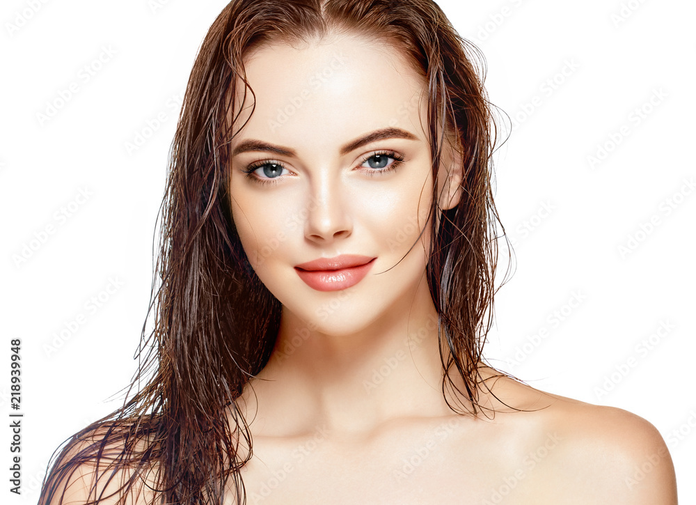 Beauty woman face with healthy skin lips natural makeup healthy fresh skin and hair isolated on white Beauty woman face with healthy skin lips natural makeup healthy fresh skin and hair isolated on white