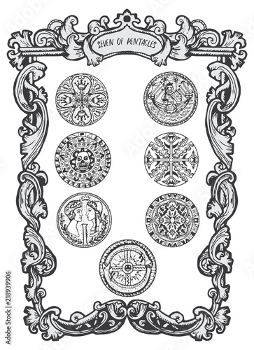 Seven of pentacles. Minor Arcana tarot card. The Magic Gate deck. Fantasy engraved vector illustration with occult mysterious symbols and esoteric concept