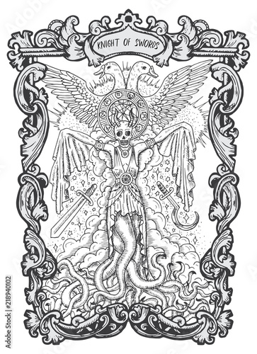 Knight of swords. Minor Arcana tarot card. The Magic Gate deck. Fantasy engraved vector illustration with occult mysterious symbols and esoteric concept
