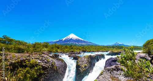 Salutos de Petrohue waterfalls and volcano Osorno  Puerto Varas  Chile. Copy space for text.