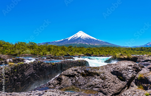 Salutos de Petrohue waterfalls and volcano Osorno  Puerto Varas  Chile. Copy space for text.