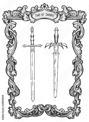 Two of swords. Minor Arcana tarot card. The Magic Gate deck. Fantasy engraved vector illustration with occult mysterious symbols and esoteric concept