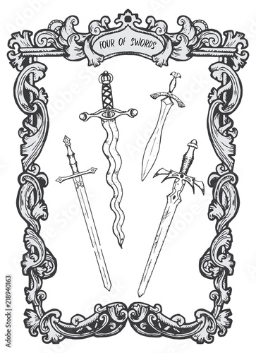Four of swords. Minor Arcana tarot card. The Magic Gate deck. Fantasy engraved vector illustration with occult mysterious symbols and esoteric concept