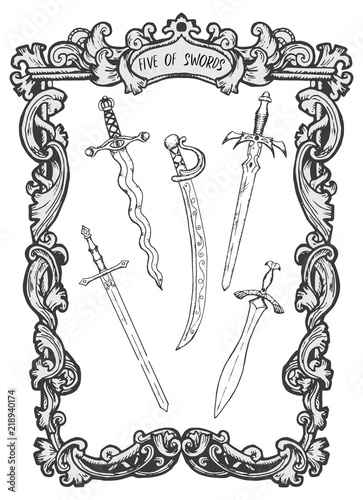 Five of swords. Minor Arcana tarot card. The Magic Gate deck. Fantasy engraved vector illustration with occult mysterious symbols and esoteric concept