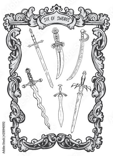 Six of swords. Minor Arcana tarot card. The Magic Gate deck. Fantasy engraved vector illustration with occult mysterious symbols and esoteric concept