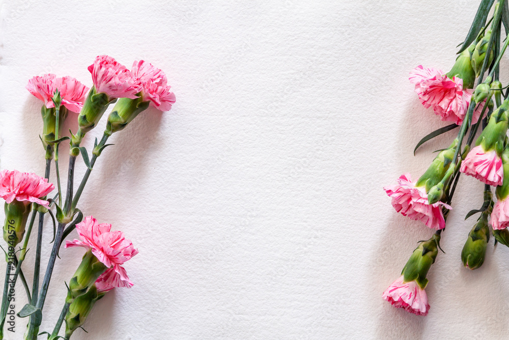 White copy space made of handmade paper with pink carnations White copy space made of handmade paper with pink carnations