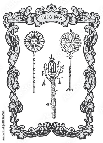 Three of wands. Minor Arcana tarot card. The Magic Gate deck. Fantasy engraved vector illustration with occult mysterious symbols and esoteric concept