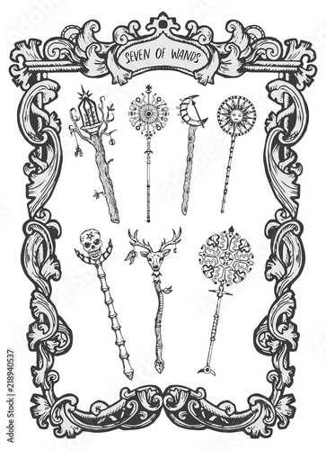 Seven of wands. Minor Arcana tarot card. The Magic Gate deck. Fantasy engraved vector illustration with occult mysterious symbols and esoteric concept