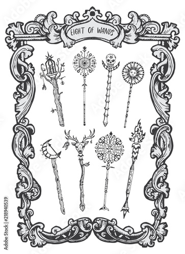 Eight of wands. Minor Arcana tarot card. The Magic Gate deck. Fantasy engraved vector illustration with occult mysterious symbols and esoteric concept