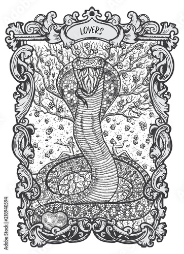 Lovers. Major Arcana tarot card. The Magic Gate deck. Fantasy engraved vector illustration with occult mysterious symbols and esoteric concept