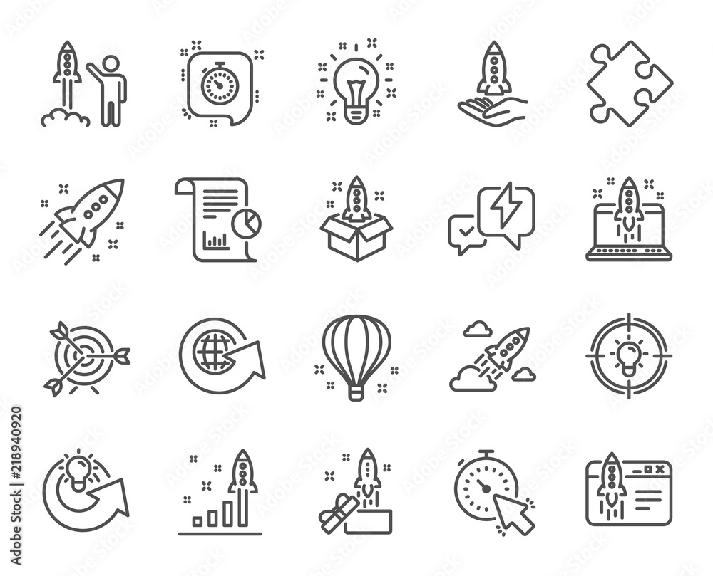 Startup line icons. Set of Launch Project, Business report and Target linear icons. Strategy, Development plan and Space rocket symbols. Air balloon, Out of the Box and Business innovation. Vector Startup line icons. Set of Launch Project, Business report and Target linear icons. Strategy, Development plan and Space rocket symbols. Air balloon, Out of the Box and Business innovation. Vector