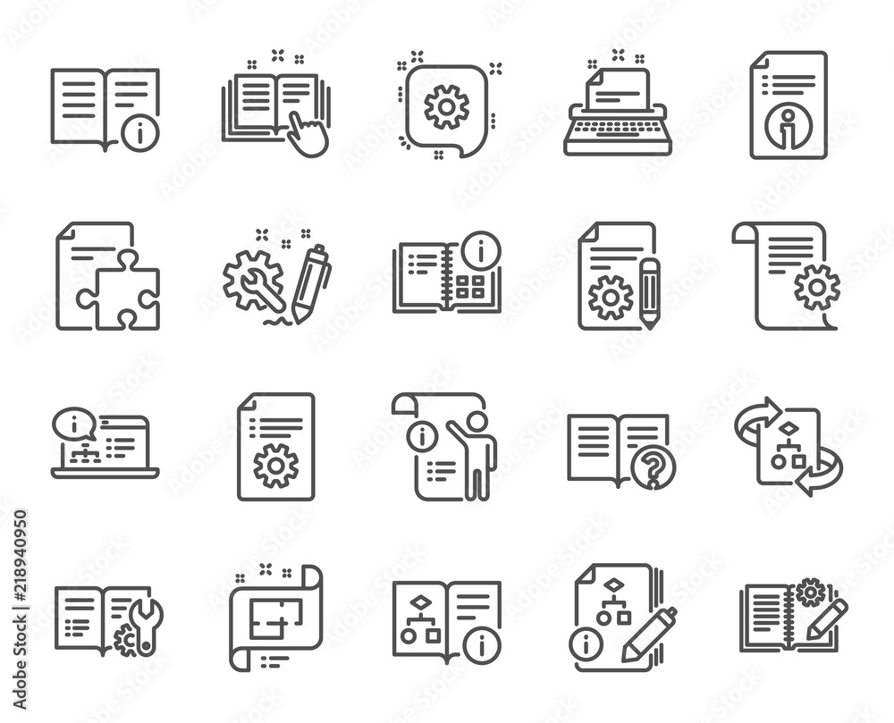 Technical Documentation line icons. Set of Instruction, Plan and Manual linear icons. Help documents, Building plan and Algorithm symbols. Technical blueprint, Engineering and Work tool signs. Vector