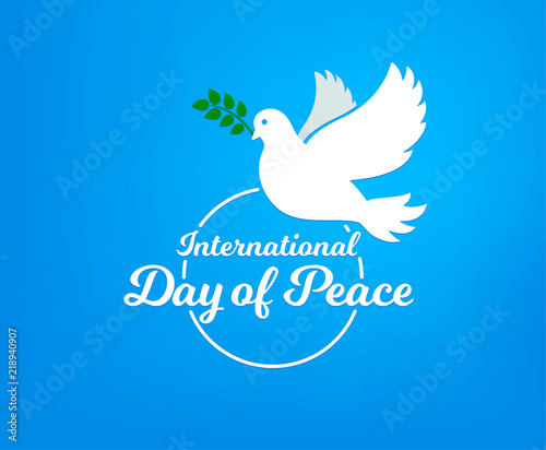 International day of peace. Concept illustration with dove of Peace day. Olive branch. Vector blue background.