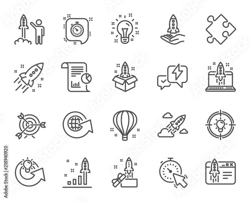 Startup line icons. Set of Launch Project, Business report and Target linear icons. Strategy, Development plan and Space rocket symbols. Air balloon, Out of the Box and Business innovation. Vector