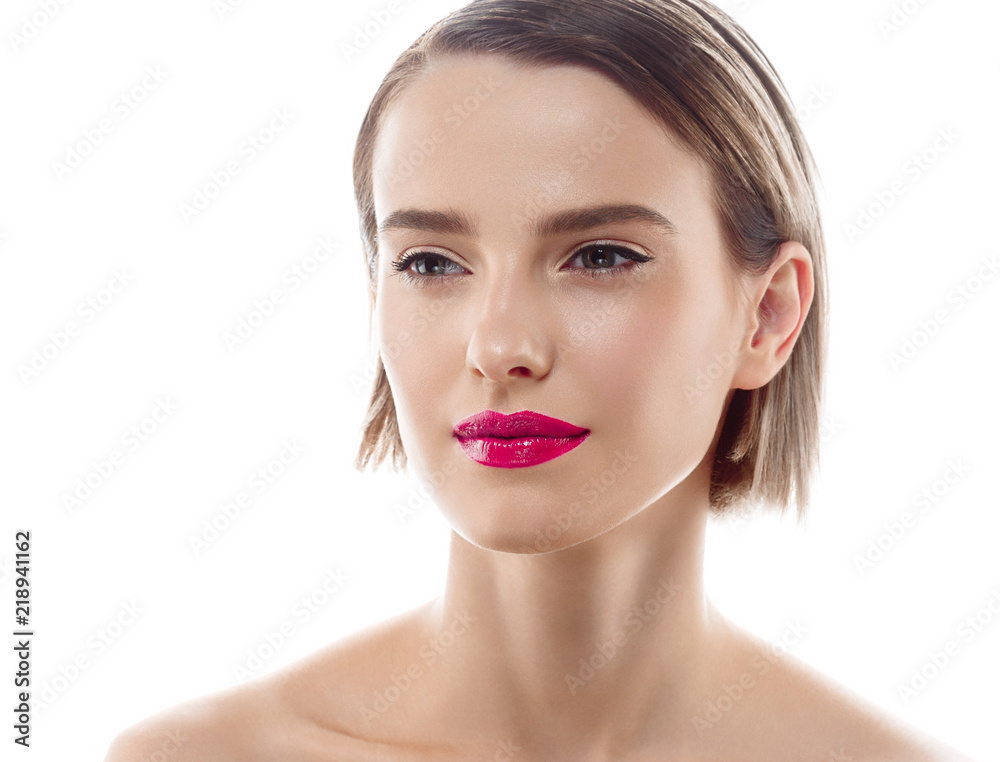 Beauty woman skin care face healthy blonde short hair and skin natural makeup isolated on white Beauty woman skin care face healthy blonde short hair and skin natural makeup isolated on white